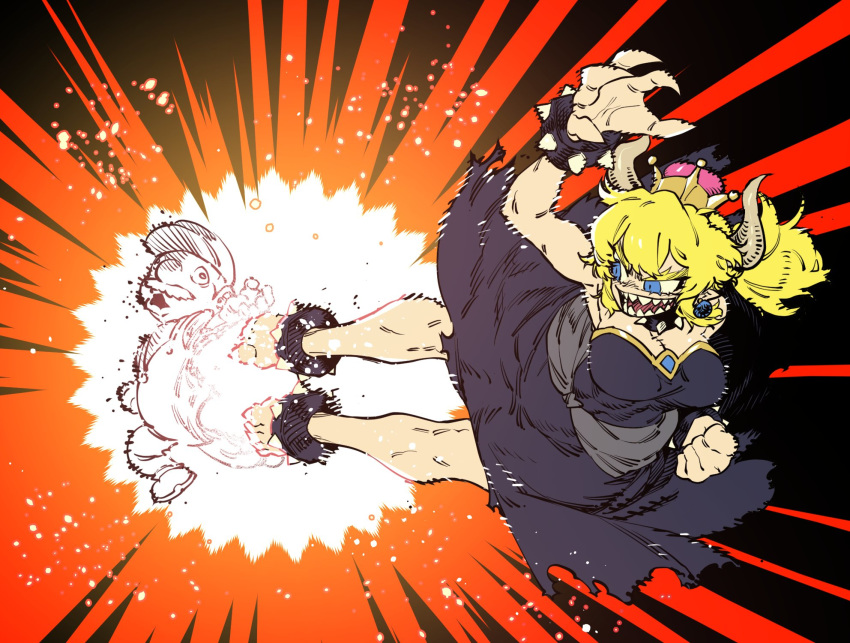 :d black_dress blonde_hair blue_eyes bowsette bracelet breasts collar dress hand_up highres horns jewelry kicking large_breasts mario mario_(series) new_super_mario_bros._u_deluxe open_mouth ponytail sharp_teeth smile spiked_anklet spiked_bracelet spiked_collar spikes ssambatea super_crown super_smash_bros. teeth