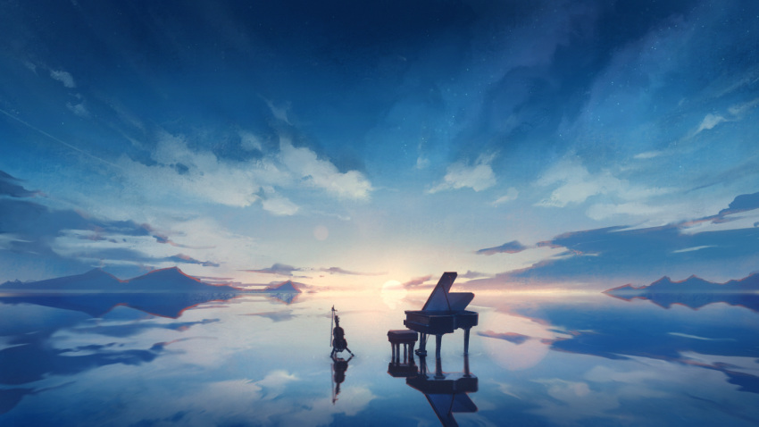 blue_sky bow_(instrument) cloud highres instrument no_humans original piano piano_bench reflection scenery sky sunrise violin water zeniyan