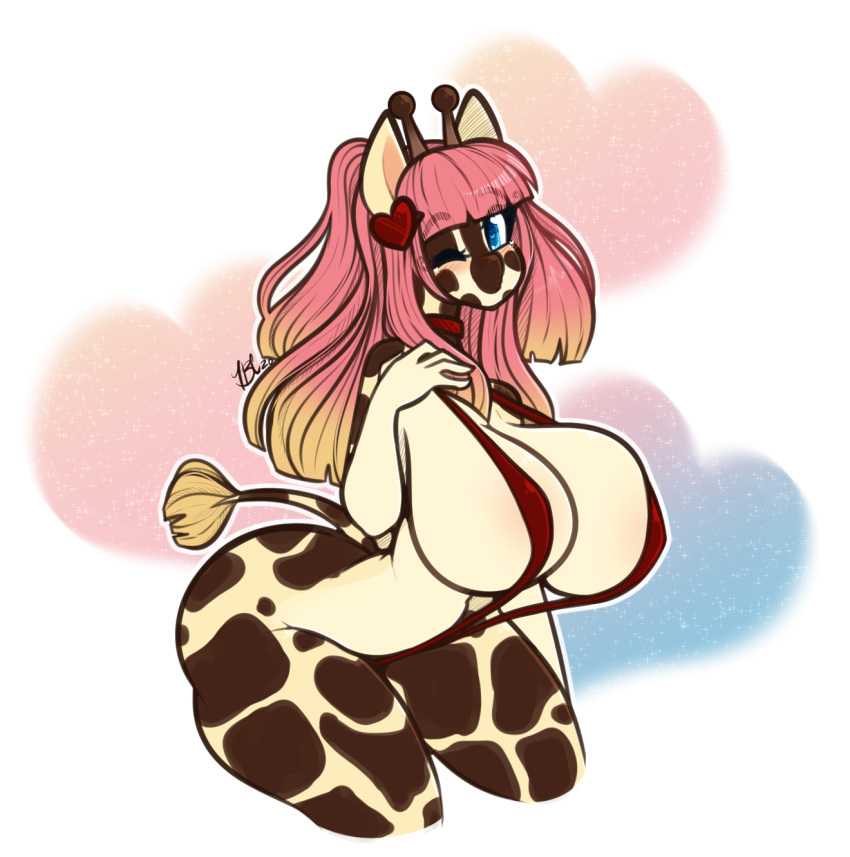 anthro big_breasts big_butt blonde_hair blue_eyes blush breasts butt collar curvy_figure female giraffe giraffid hair hi_res horn huge_breasts long_hair looking_at_viewer mammal mostly_nude multicolored_hair ossicone pink_hair simple_background solo spots spotted_body tehbuttercookie thick_thighs