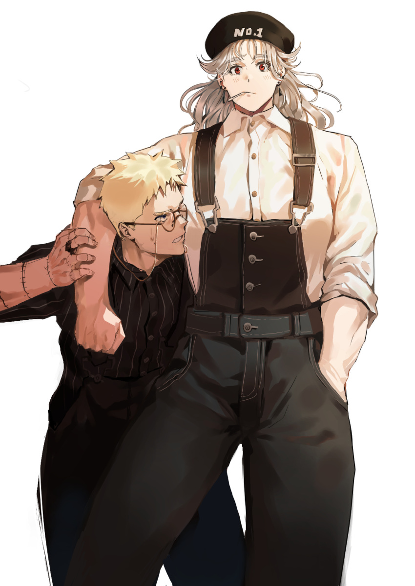 1boy 1girl airpro033 alternate_costume arm_around_shoulder black_headwear black_pants blush bow bowtie couple dorohedoro earrings formal glasses hand_in_pocket height_difference hetero highres jewelry long_hair muscle noi_(dorohedoro) pants red_eyes shin_(dorohedoro) shirt short_hair stitches striped striped_shirt suit white_background white_hair white_shirt