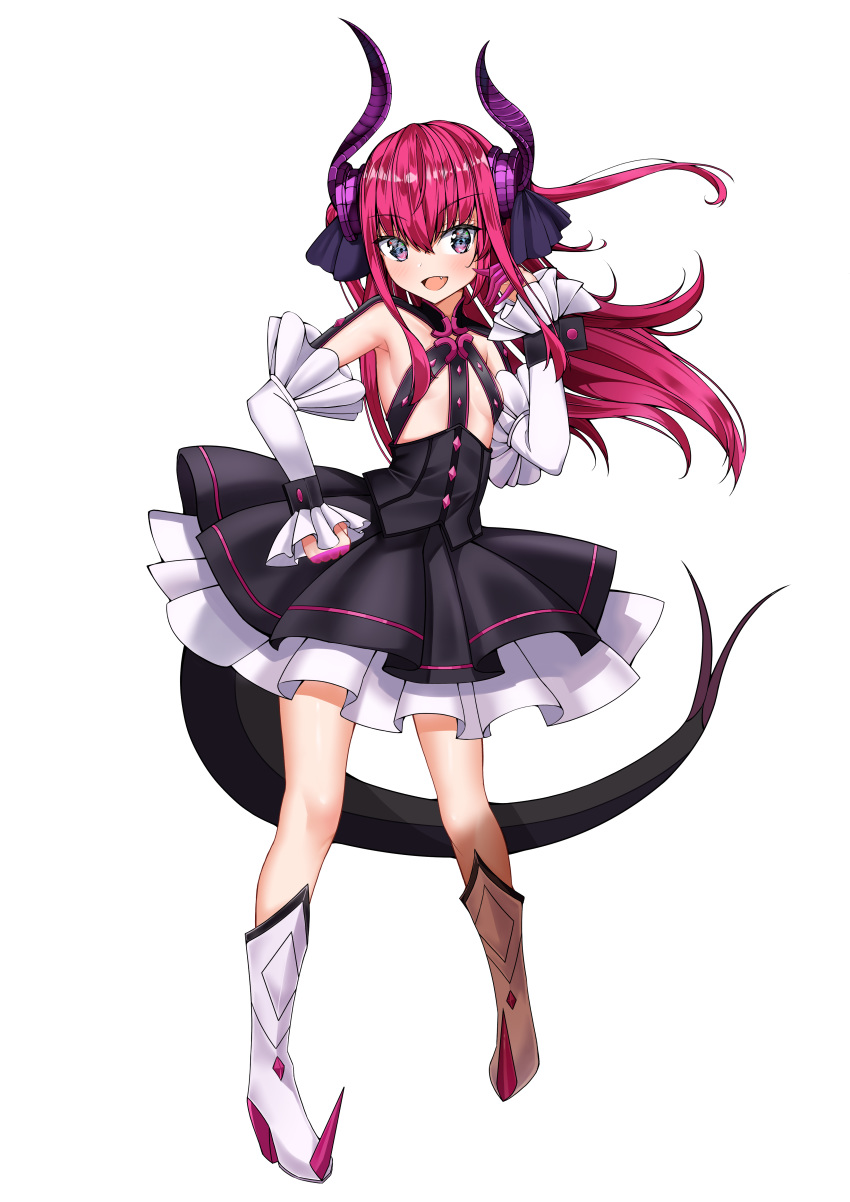 1girl absurdres armpits black_shirt black_skirt blue_eyes blush boots breasts detached_sleeves dragon_girl dragon_horns elizabeth_bathory_(fate) elizabeth_bathory_(fate)_(all) fang fate/grand_order fate_(series) full_body hand_on_hip hand_to_own_mouth high_heels highres horns knee_boots long_hair open_mouth red_hair revealing_clothes ribbon shirt simple_background skirt small_breasts smile solo tor_ai white_background white_footwear white_sleeves