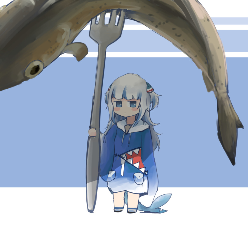 1girl absurdres alternate_size bangs blue_background blue_eyes blunt_bangs catching chibi closed_mouth drawstring fish fish_request fish_tail fishing fork gawr_gura highres holding holding_fork hololive hololive_english hood hoodie jitome long_hair long_shirt looking_at_viewer messy_hair minigirl shade size_difference sleeves_past_fingers sleeves_past_wrists solo striped striped_background tail teeth two_side_up virtual_youtuber vyragami white_hair