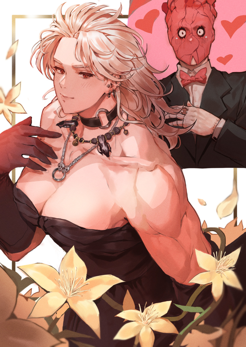 1boy 1girl airpro033 alternate_costume blush bow bowtie breasts cleavage collar couple dorohedoro earrings flower formal heart_(organ) hetero highres jewelry long_hair muscle necklace noi_(dorohedoro) red_eyes shin_(dorohedoro) short_hair suit white_flower white_hair