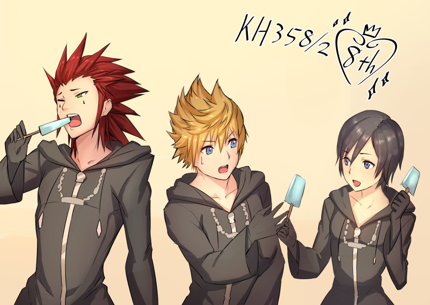 1girl 2boys absurdres axel_(kingdom_hearts) black_coat_(kingdom_hearts) black_hair blonde_hair blue_eyes facial_mark food gloves gogo_(detteiu_de) highres kingdom_hearts kingdom_hearts_358/2_days kingdom_hearts_chain_of_memories multiple_boys organization_xiii red_hair roxas short_hair simple_background smile spiked_hair xion_(kingdom_hearts)