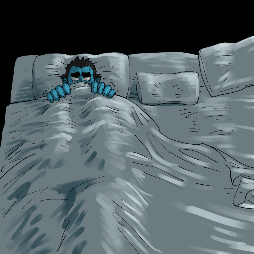 1boy bara bed bed_sheet black_background black_hair blue_oni blue_oni_(chijimetaro) blue_skin chijimetaro cover error giant_male highres no_horn no_pupils oni original pillow scared solo spiked_hair tearing_up