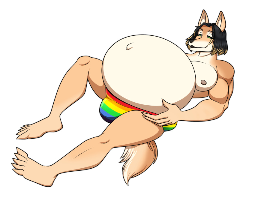 2020 5:4 absurd_res alpha_channel anthro belly big_belly black_hair blonde_highlights bulge canid canine canis clothing domestic_dog eyes_closed fur hair hi_res highlights_(coloring) hwang_dae-jung korean_jindo lgbt_pride lying male male_pregnancy mammal muscular muscular_anthro muscular_male navel nipples on_back outie_navel pecs pregnant riddleaugust solo speedo spitz swimwear tan_body tan_fur white_body white_fur