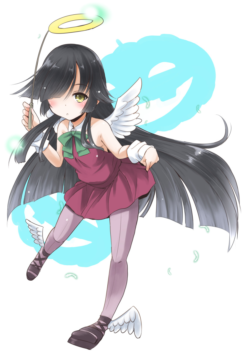 1girl absurdres adapted_costume angel_wings ankle_wings black_hair collar commentary_request dress full_body green_neckwear grey_legwear hair_over_one_eye halo hayashimo_(kantai_collection) highres jack-o'-lantern kantai_collection long_hair pantyhose purple_dress solo taisinkoku very_long_hair white_background white_collar white_wings winged_footwear wings yellow_eyes