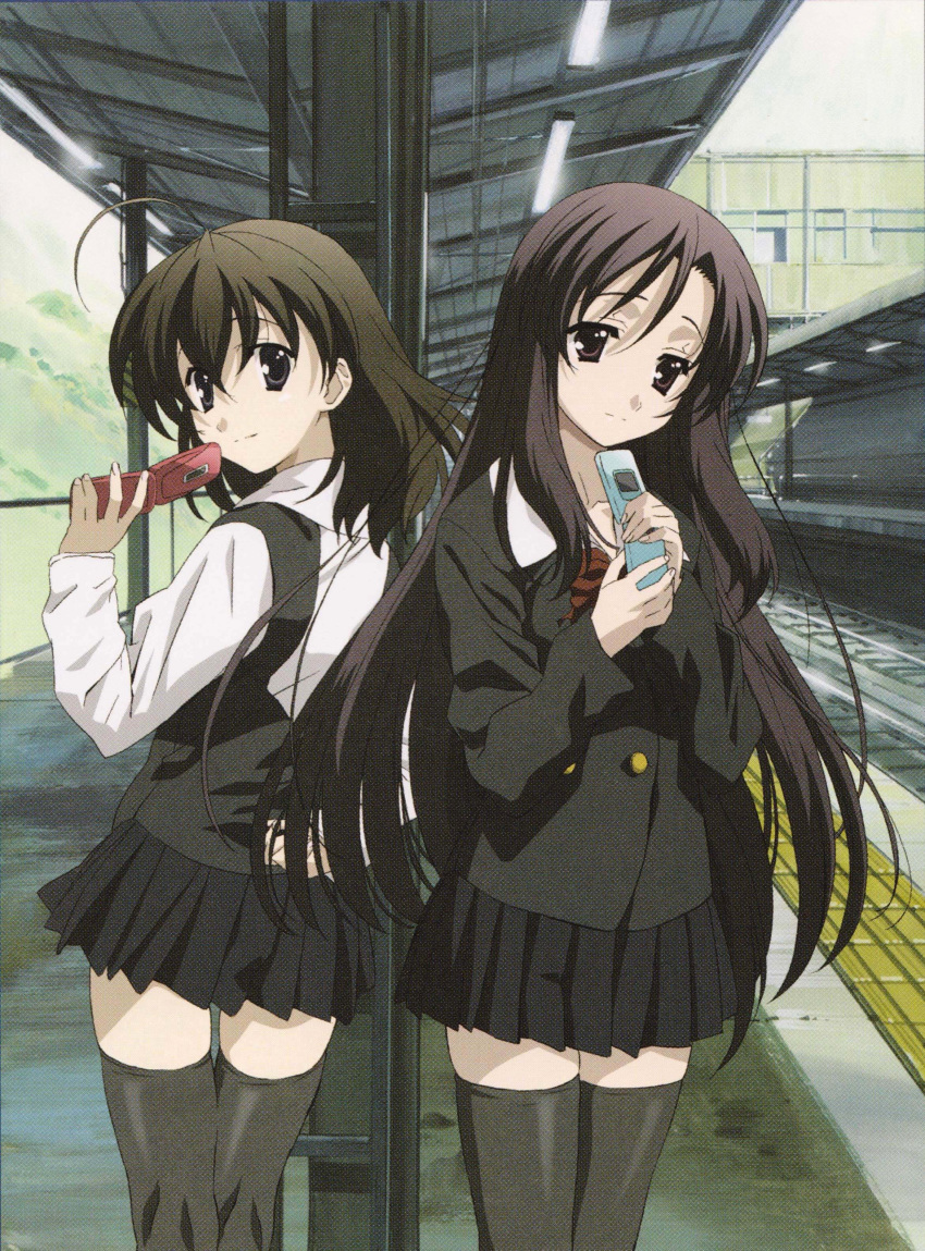 2girls absurdres ahoge black_eyes black_hair brown_eyes brown_hair cellphone highres katsura_kotonoha long_hair long_sleeves multiple_girls official_art phone saionji_sekai scan school_days school_uniform short_hair smile steel_beam thighhighs thighs train_station uniform zettai_ryouiki