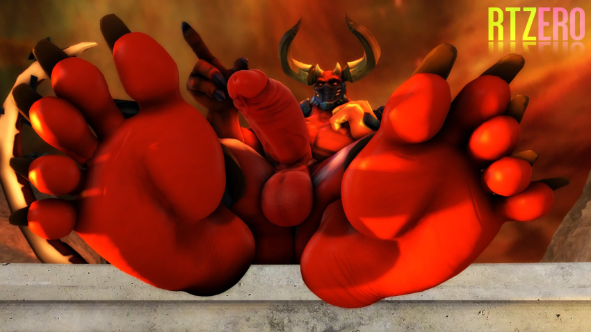 16:9 5_toes anthro balls barefoot big_penis claws demon erection feet foot_focus genitals hi_res horn humanoid_genitalia humanoid_penis looking_at_viewer male nude paladins penis raum_(paladins) red_penis rtzero solo toe_claws toes widescreen