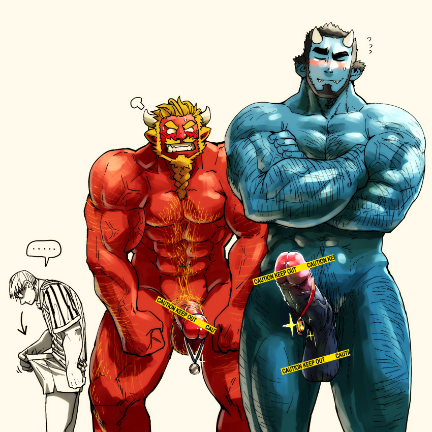 ... 3boys abs angry bara beard black_eyes black_hair blonde_hair blue_oni blue_oni_(chijimetaro) blue_skin blush chest chijimetaro completely_nude couple crossed_arms facial_hair feet_out_of_frame flying_sweatdrops giant_male hairy highres horns large_penis lucky_student_(chijimetaro) male_focus male_pubic_hair medal miniboy multiple_boys muscle navel nude oni oni_horns original penis pointy_ears pubic_hair red_oni red_oni_(chijimetaro) red_skin short_hair size_difference sparkle thick_thighs thighs veins veiny_penis