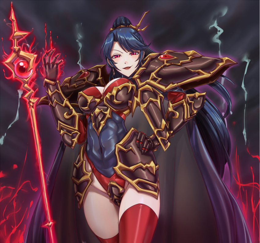 1girl blush cloak corruption dark_blue_hair dark_persona earrings evil_smile high_ponytail highres jessica_(langrisser) jewelry langrisser leebigtree leotard looking_at_viewer ponytail red_eyes red_legwear smile solo staff thighhighs