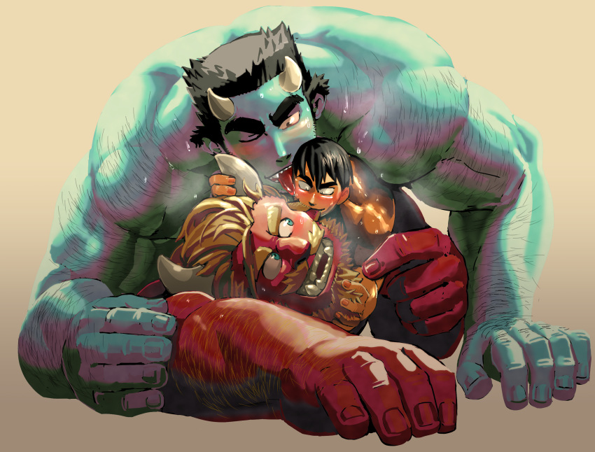 3boys bara beard black_eyes black_hair blonde_hair blue_oni blue_oni_(chijimetaro) blue_skin blush breath chijimetaro completely_nude face_licking facial_hair giant_male group_sex hairy highres horns implied_anal implied_sex licking lucky_student_(chijimetaro) male_focus miniboy multiple_boys muscle nude one_eye_closed oni oni_horns original pointy_ears red_oni red_oni_(chijimetaro) red_skin short_hair size_difference steam sweat threesome tongue tongue_out yaoi