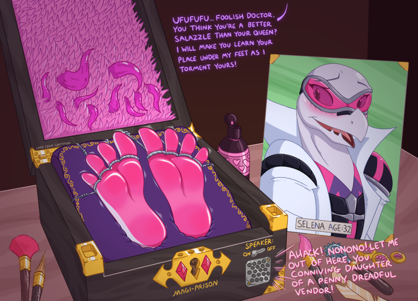 &lt;3 2020 4_toes anthro barefoot blush box brush caroo clothed clothing cushion dialogue digital_media_(artwork) english_text eyewear feet female foot_fetish forced goggles helpless insult keyhole loose_feather magic name_tag nintendo oil pok&eacute;mon pok&eacute;mon_(species) portal ring salazzle selena_(duckkingxi) soles solo speaker spread_toes teasing teeth_showing tentacles text tickle_fetish tickle_torture tickling tickling_feet toes toes_tied topwear torture unseen_character video_games