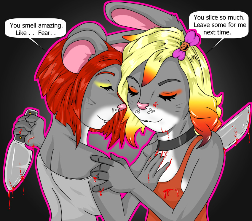 anthro blood bodily_fluids duo english_text evilthabad female female/female gore hair hare hi_res ladmo lagomorph leporid mammal mouse murid murine nail_(evilthabad) pink_nose rabbit red_hair rodent simple_background text