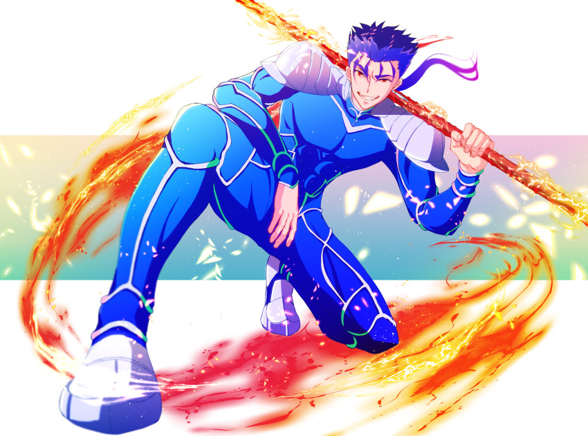 1boy armor blue_hair bodysuit cu_chulainn_(fate)_(all) earrings fate/stay_night fate_(series) fire flaming_weapon full_body gae_bolg grin highres holding holding_weapon jewelry kiriko_(onigiri21) lancer long_hair looking_at_viewer male_focus one_knee pauldrons polearm ponytail red_eyes shoulder_armor skin_tight smile solo spear spiked_hair type-moon weapon