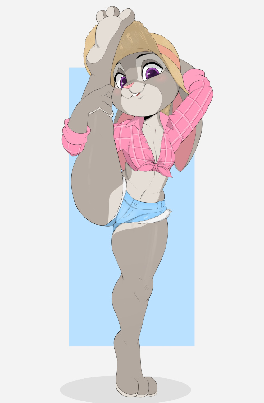 2020 absurd_res anthro bit-maki blush clothed clothing disney female flexible fur grey_body grey_fur hi_res judy_hopps lagomorph leporid looking_at_viewer mammal multicolored_body multicolored_fur open_mouth purple_eyes rabbit solo teeth thick_thighs zootopia