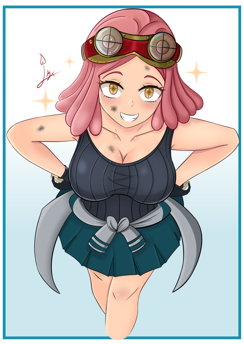1girl absurdres black_shirt blush boku_no_hero_academia breasts brown_eyes cleavage collarbone gloves goggles goggles_on_head hatsume_mei highres laceysx looking_at_viewer medium_breasts medium_hair pink_hair shirt skirt sleeveless smile solo tied_shirt