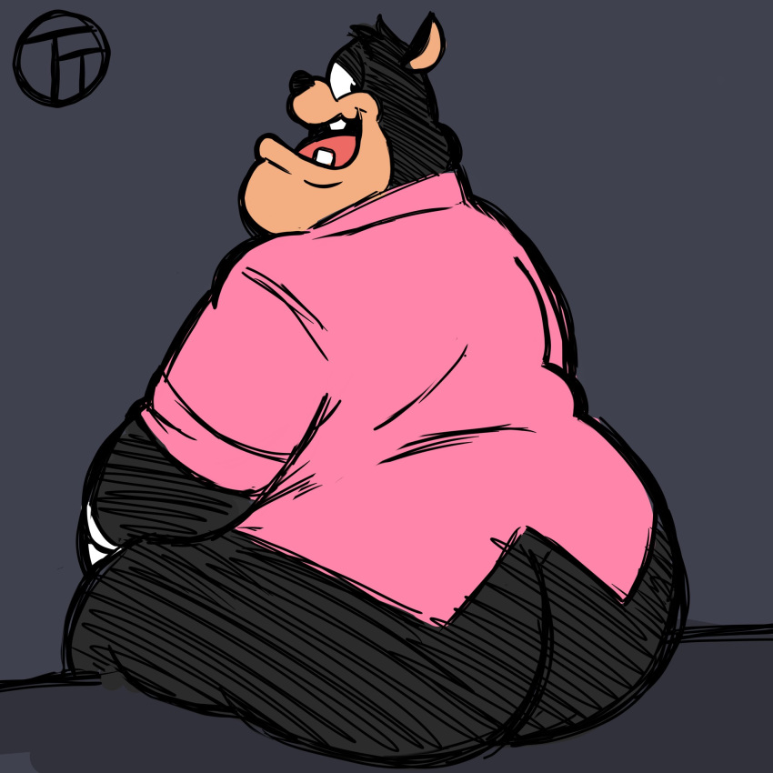 1:1 2020 anthro black_body butt clothing disney felid feline goof_troop hi_res male mammal overweight overweight_anthro overweight_male peter_pete_sr. shirt sitting solo topwear trashtoonz