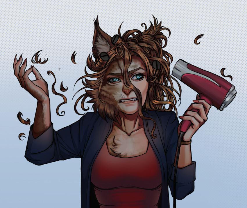 2020 annoyed blowdrying blowdrying_hair breasts chest_tuft colored_nails felid female hair hair_dryer holding_object human inner_ear_fluff mammal messy_hair nails red_nails simple_background solo transformation tuft werility