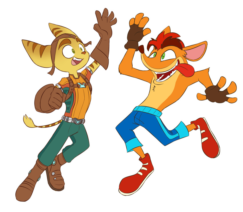 4_fingers 5_fingers activision bandicoot bottomwear brown_body brown_fur brown_markings clothing crash_bandicoot crash_bandicoot_(series) crossover doodlemark duo fangs fingers footwear fur gloves green_eyes hair handwear hi_res inner_ear_fluff lombax mammal markings marsupial open_mouth orange_body orange_fur pants ratchet ratchet_and_clank red_hair shoes simple_background sony_corporation sony_interactive_entertainment teeth tongue tongue_out tuft video_games white_background yellow_body yellow_fur