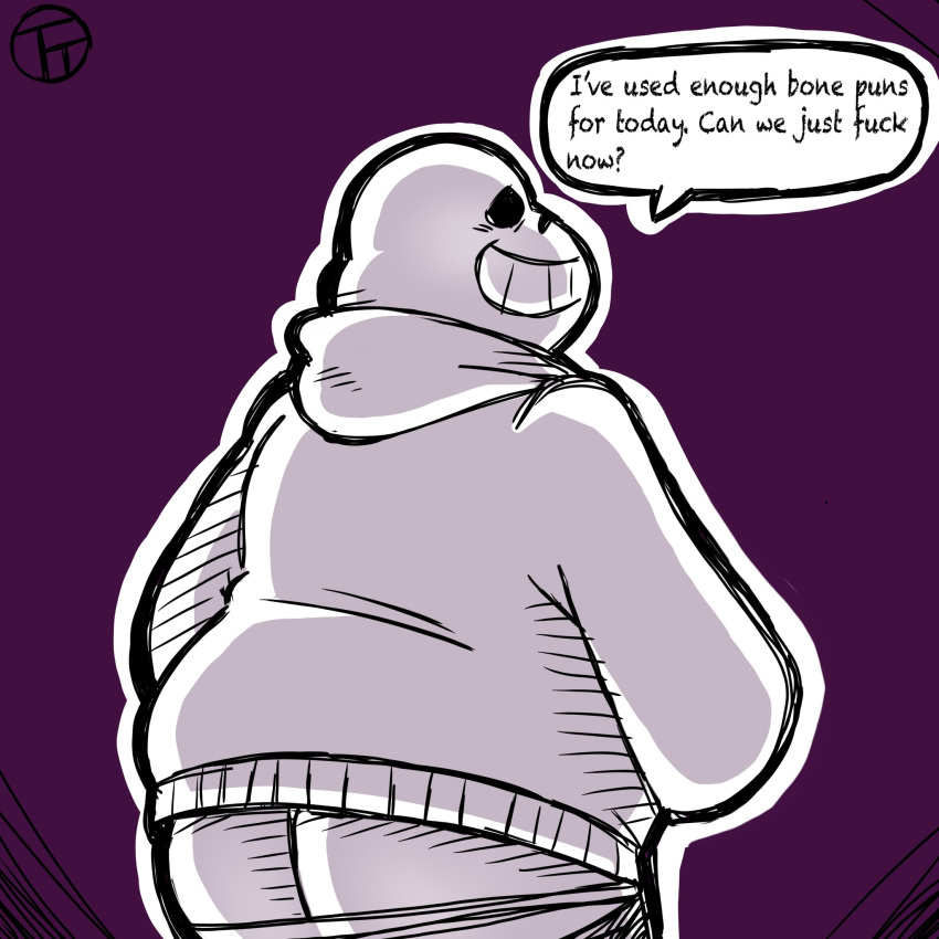 1:1 2020 animated_skeleton anthro bone butt clothing english_text hi_res hoodie sans_(undertale) simple_background skeleton slightly_chubby solo text topwear trashtoonz undead undertale video_games