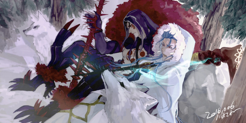 2boys angry animal blue_hair capelet cu_chulainn_(fate)_(all) cu_chulainn_(fate/grand_order) cu_chulainn_alter_(fate/grand_order) dated earrings fate/grand_order fate_(series) from_side fur fur-trimmed_hood fur_trim gae_bolg holding holding_weapon hood hood_up hooded_capelet jewelry long_hair male_focus multiple_boys multiple_persona open_mouth outdoors polearm red_eyes runes signature spear spikes staff tree type-moon weapon white_wolf wolf wooden_staff yazakasane