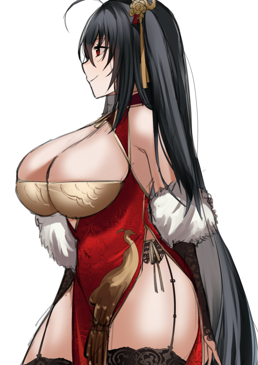 1girl absurdres ahoge azur_lane bare_shoulders black_hair black_legwear breasts china_dress chinese_clothes cleavage cleavage_cutout clothing_cutout curvy cutout_above_navel dress feather_boa garter_straps highres lilycious long_hair pelvic_curtain red_dress red_eyes smile taihou_(phoenix's_spring_song)_(azur_lane) thighhighs thighs