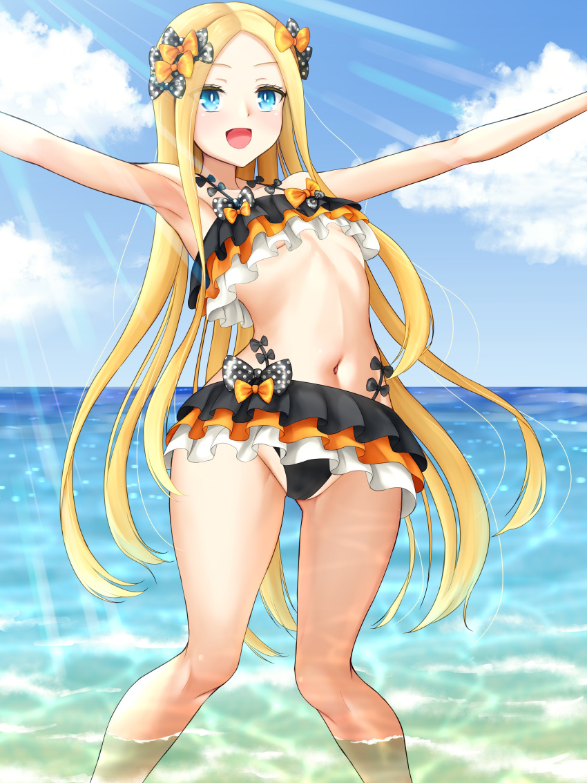 1girl abigail_williams_(fate/grand_order) absurdres bangs bare_shoulders bikini black_bikini black_bow black_skirt blonde_hair blue_eyes blush bow breasts collarbone emerald_float fate/grand_order fate_(series) forehead frilled_bikini frills highres huge_filesize long_hair looking_at_viewer manu_lee microskirt multiple_bows navel ocean open_mouth orange_bow parted_bangs polka_dot polka_dot_bow sidelocks skirt small_breasts smile swimsuit thighs