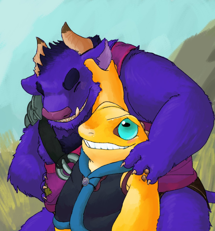 amphibian anthro arm_around_shoulder bovid bovine cattle duo frog fur hi_res horn killigan killigan's_treasure macsen male male/male mammal purple_body purple_fur sakuusa1243 scales size_difference slightly_chubby yellow_body yellow_scales