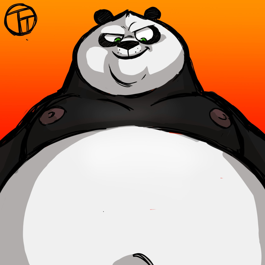 1:1 2020 anthro belly black_body black_fur black_nose dreamworks fur giant_panda green_eyes grin hi_res kung_fu_panda male mammal master_po_ping moobs navel nipples nude overweight overweight_anthro overweight_male simple_background smile solo trashtoonz ursid white_body white_fur