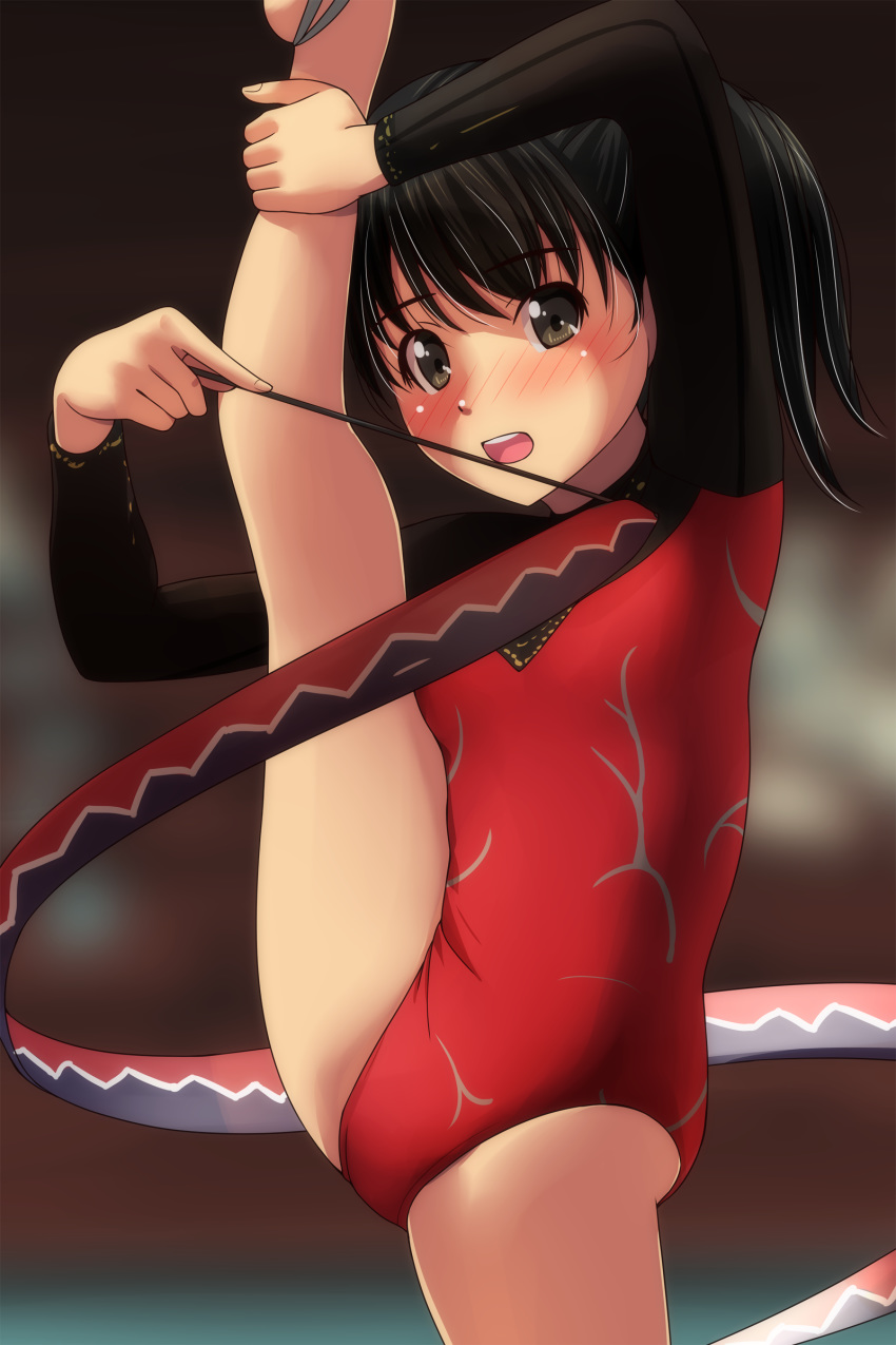 1girl absurdres arm_up athletic_leotard black_eyes black_hair blurry blurry_background blush cowboy_shot depth_of_field gymnastics hand_up highres leg_up leotard long_hair matsunaga_kouyou nose_blush original ponytail red_leotard rhythmic_gymnastics ribbon ribbon_baton solo split standing standing_on_one_leg standing_split two-tone_leotard