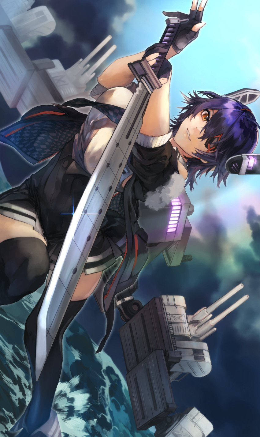 1girl absurdres bangs black_gloves black_jacket black_legwear black_skirt breasts checkered checkered_neckwear cloud cloudy_sky commentary day eyepatch fukazaki fur-trimmed_jacket fur_trim gloves grin headgear high-waist_skirt highres holding holding_sword holding_weapon jacket kantai_collection large_breasts necktie orange_eyes outdoors partly_fingerless_gloves purple_hair remodel_(kantai_collection) short_hair skirt sky smile solo sparkle sword tenryuu_(kantai_collection) thighhighs water weapon