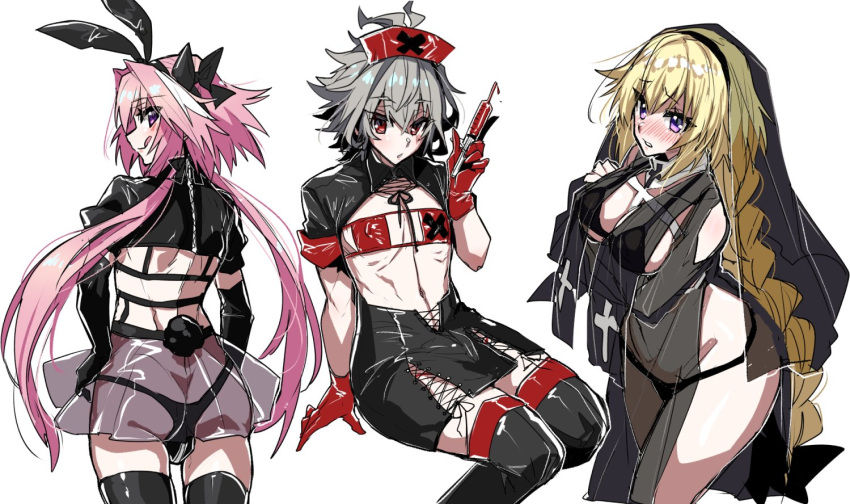 1girl 2boys animal_ears astolfo_(saber)_(fate) back bikini blonde_hair blush bow braid braided_ponytail breasts bulge bunny_ears bunny_tail commentary_request eyebrows_visible_through_hair fate/apocrypha fate/grand_order fate_(series) gloves grey_hair habit hair_between_eyes hair_bow haoro highlights holding jeanne_d'arc_(fate) jeanne_d'arc_(fate)_(all) long_hair looking_at_viewer multicolored_hair multiple_boys navel nun nurse pink_hair playboy_bunny purple_eyes red_eyes see-through sieg_(fate/apocrypha) simple_background swimsuit syringe tail thighhighs two-tone_hair very_long_hair white_background white_hair