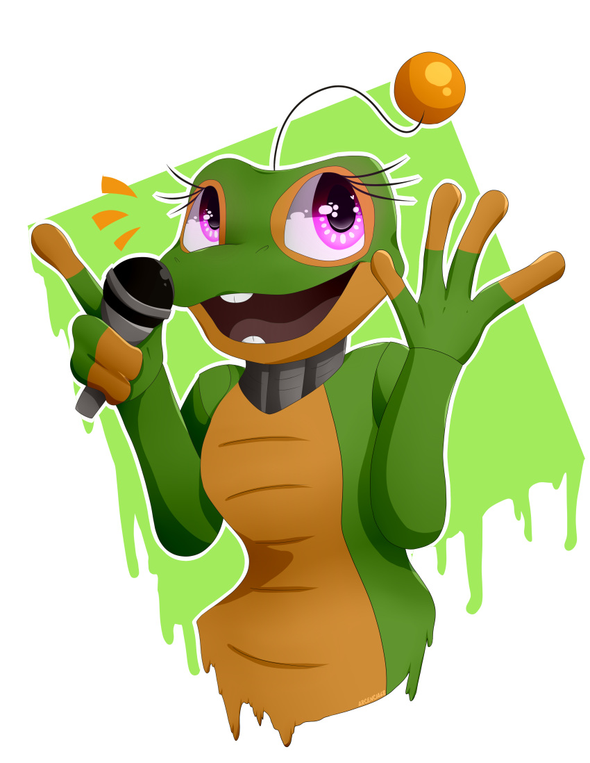 2019 absurd_res alpha_channel amphibian animatronic antennae_(anatomy) anthro arcencia68 buckteeth eyelashes female fingers five_nights_at_freddy's freddy_fazbear's_pizzeria_simulator frog green_body happy_frog_(fnaf) hi_res machine microphone open_mouth open_smile pink_eyes robot signature simple_background smile solo teeth transparent_background video_games yellow_body