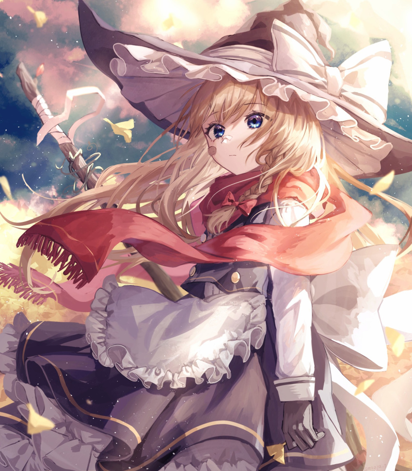 1girl :| adapted_costume alternate_eye_color apron autumn bad_id bad_pixiv_id bandaid bandaid_on_face black_gloves black_hat black_skirt black_vest blonde_hair blue_eyes bow braid broom buttons closed_mouth commentary cowboy_shot floating_hair frilled_apron frilled_hat frilled_skirt frills gloves hair_bow hat hat_bow highres holding holding_broom kirisame_marisa light_particles long_hair long_sleeves looking_away mozuno_(mozya_7) petticoat plant red_bow red_scarf sash scarf shirt side_braid sidelocks single_braid skirt skirt_set sleeve_cuffs solo touhou vest vines waist_apron white_bow white_sash white_shirt wind witch_hat