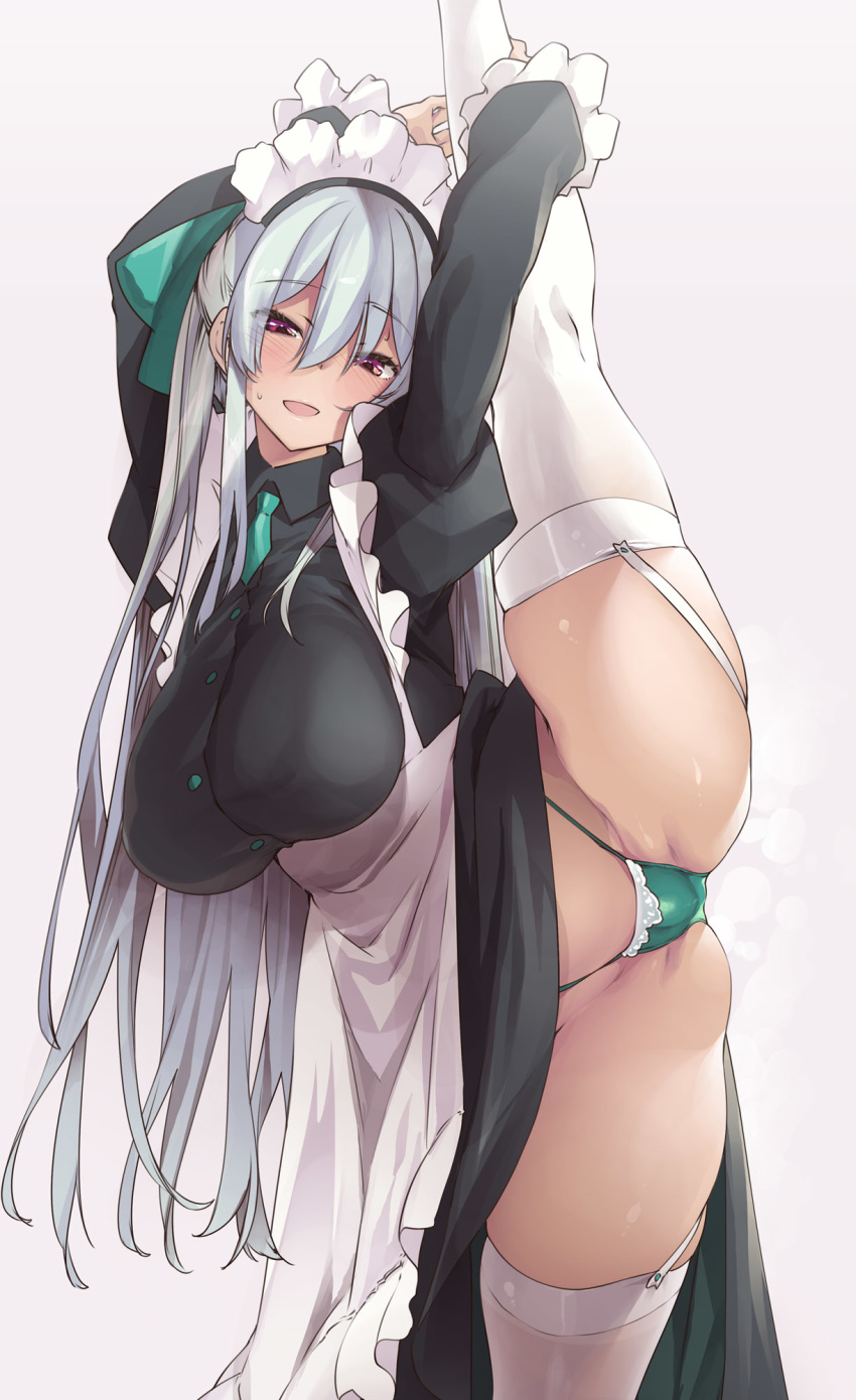 1girl apron aqua_neckwear arms_up bangs breasts buttons eyebrows_visible_through_hair frilled_apron frilled_sleeves frills garter_straps green_panties hair_ribbon highres large_breasts leg_lift leg_up long_hair looking_at_viewer maid maid_headdress necktie open_mouth original panties red_eyes ribbon silver_hair simple_background smile solo split standing standing_on_one_leg standing_split thighhighs thomasz underwear white_apron white_background white_legwear