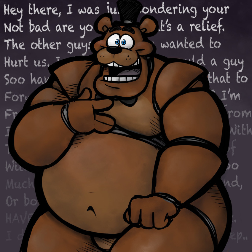 1:1 2020 animatronic anthro belly biped black_nose brown_body clothing english_text five_nights_at_freddy's hat headgear headwear hi_res humanoid_hands machine male mammal overweight overweight_anthro robot solo text trashtoonz ursid video_games