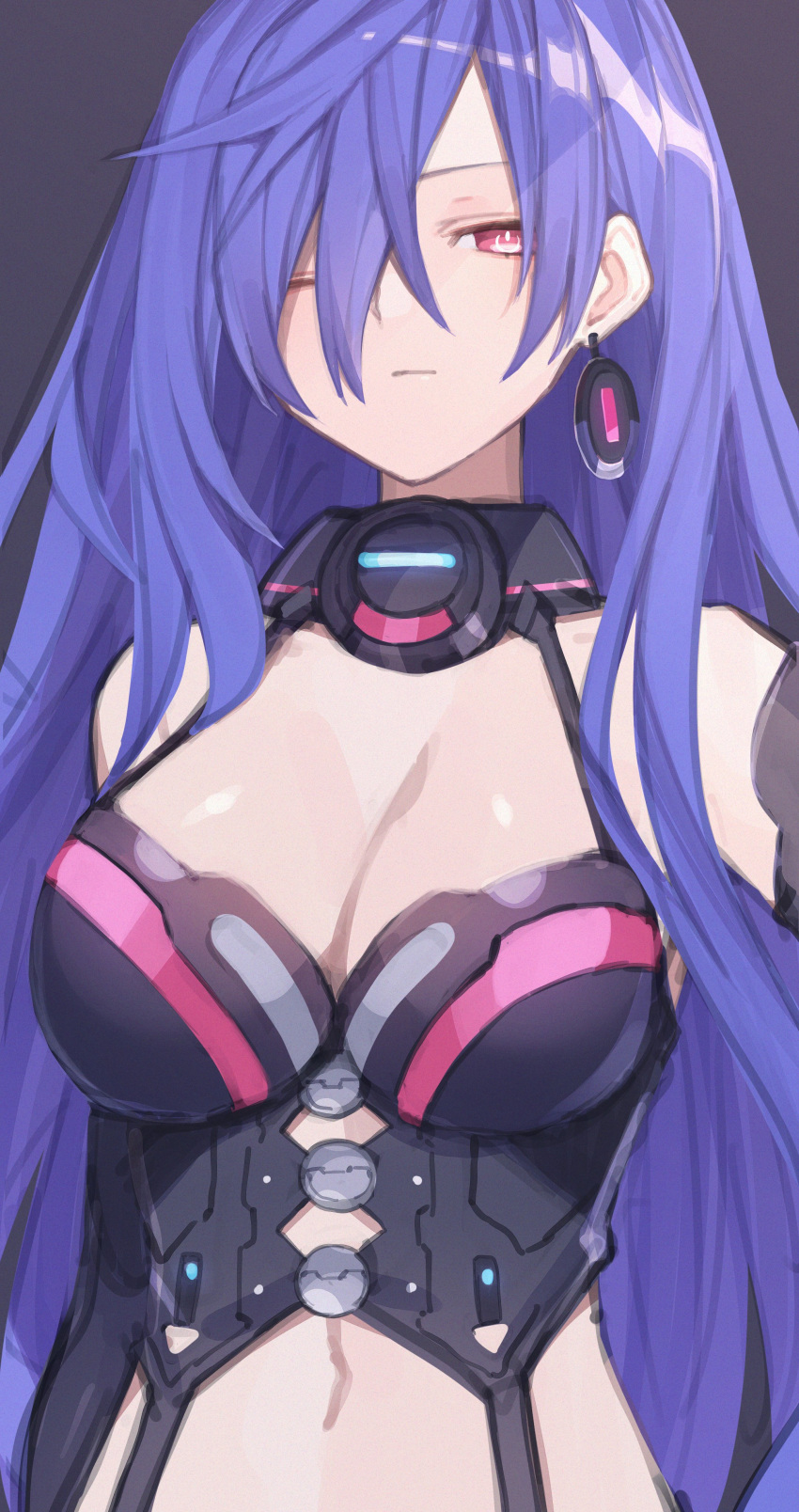 1girl absurdres blue_hair blush breasts buran_buta earrings expressionless hair_over_one_eye highres iris_heart jewelry kami_jigen_game_neptune_v large_breasts long_hair looking_at_viewer navel neptune_(series) pink_eyes power_symbol solo symbol-shaped_pupils upper_body very_long_hair