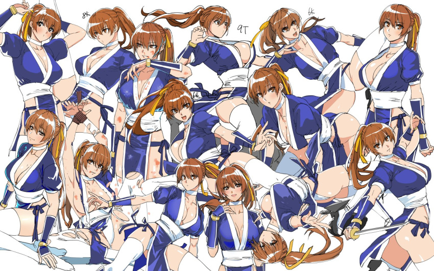 1girl arm_guards arms_up ass bangs banned_artist blue_dress breasts brown_eyes brown_hair choker cleavage closed_mouth dead_or_alive dress fighting_stance hair_ribbon high_ponytail injury iwamoto_eiri kasumi_(doa) kicking large_breasts ninja open_mouth pelvic_curtain ponytail restrained ribbon sash short_sleeves sitting standing thighs torn_clothes white_choker white_legwear yellow_ribbon