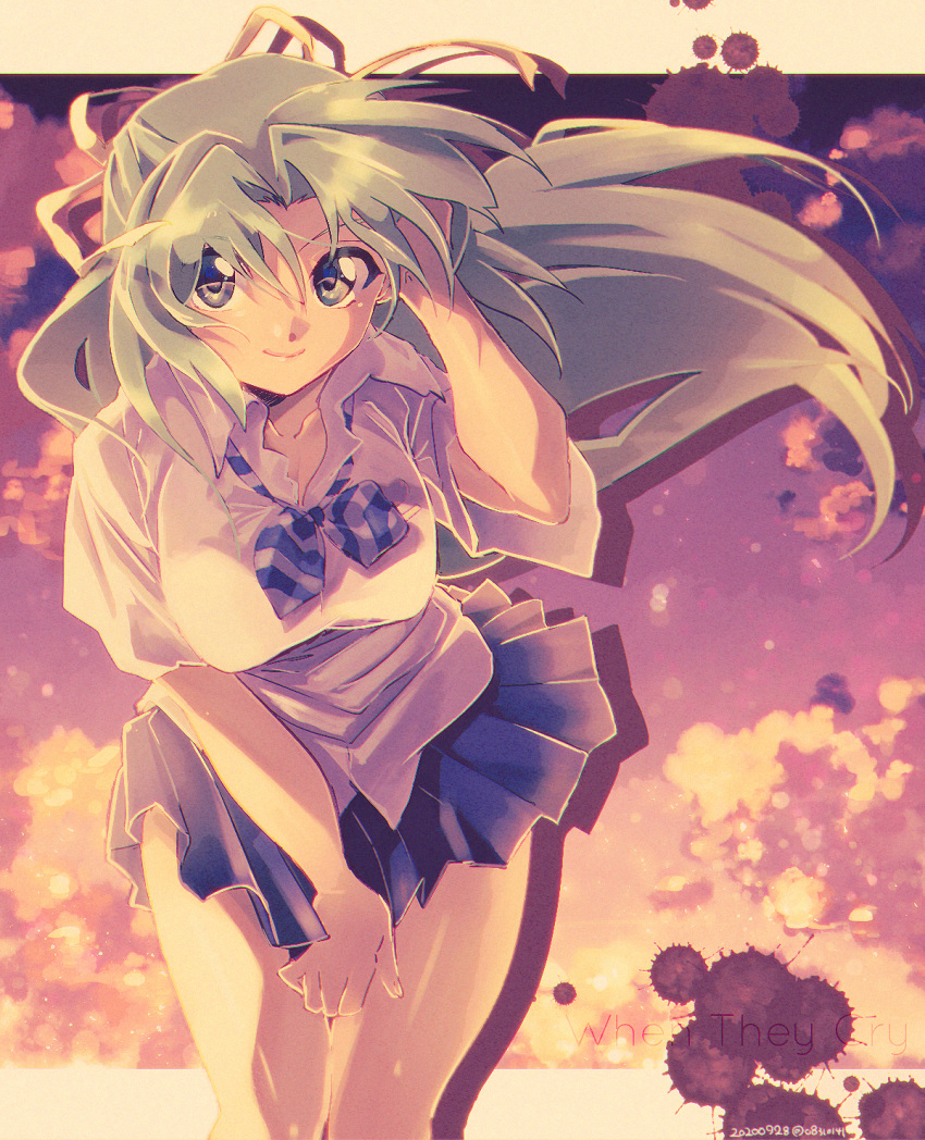 1girl 2020 adjusting_hair aqua_hair bangs between_legs blood blue_eyes blue_skirt breasts closed_mouth cloud cloudy_sky copyright_name cowboy_shot dated evening floating_hair green_eyes green_hair half-closed_eyes hand_between_legs highres higurashi_no_naku_koro_ni holding holding_clothes holding_skirt knees_together large_breasts leaning_forward looking_at_viewer miniskirt multicolored multicolored_eyes multicolored_sky o831o141 parted_bangs pleated_skirt ribbon school_uniform shirt short_sleeves skirt sky smile solo sonozaki_shion splatter striped striped_neckwear twilight twitter_username white_shirt wind yellow_ribbon