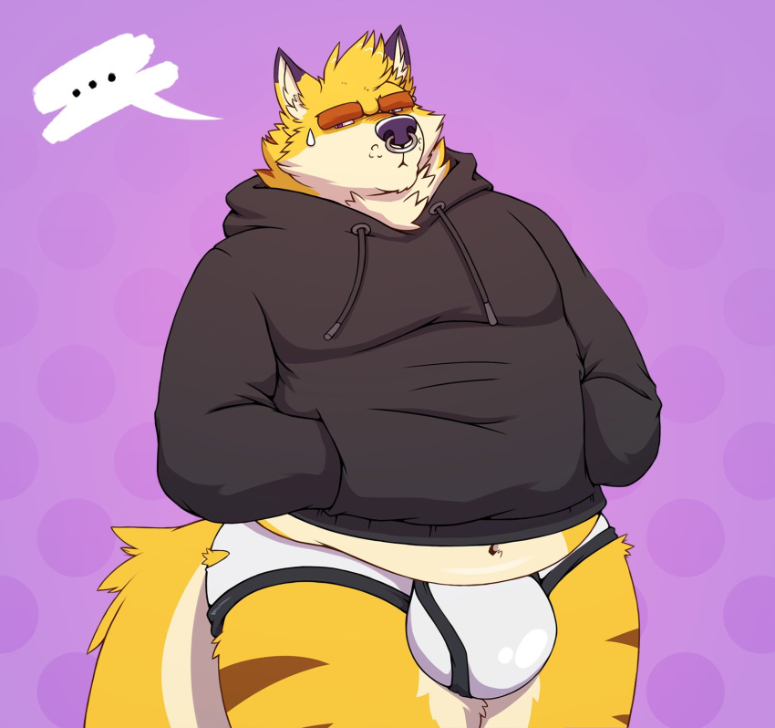 anthro black_clothing black_hoodie black_topwear briefs bulge canid canine clothing drawyourfursona fox hi_res hoodie hoodie/briefs_meme male mammal meme meme_clothing overweight overweight_male simple_background skaifox solo standing topwear underwear white_clothing white_underwear