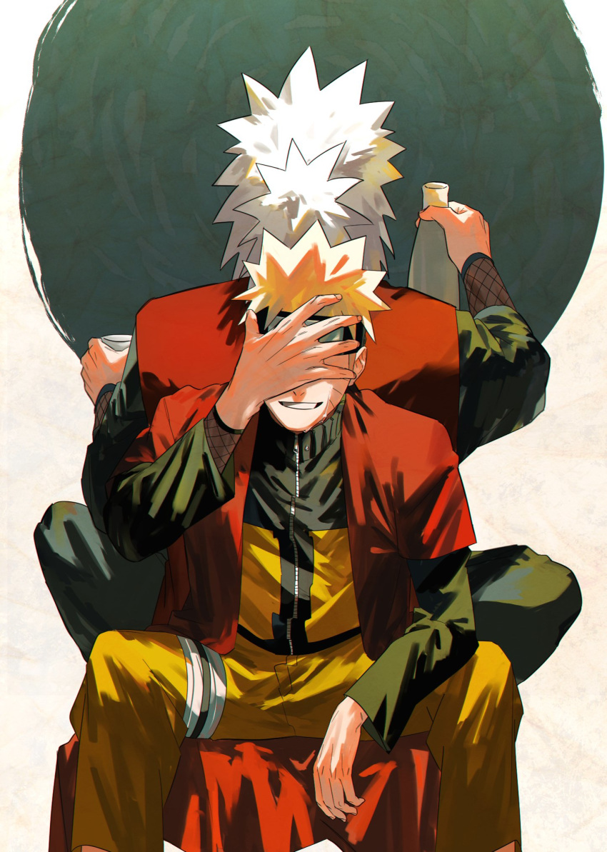 2boys arm_rest back-to-back blonde_hair bottle cup facial_mark forehead_protector grin hand_over_face highres indian_style jacket jiraiya long_hair long_sleeves multiple_boys naruto_(series) naruto_shippuuden open_clothes open_shirt orange_shirt oriharaizaya0111 pants sakazuki sake_bottle shirt short_hair simple_background sitting smile spiked_hair spread_legs tears teeth uzumaki_naruto whisker_markings white_hair