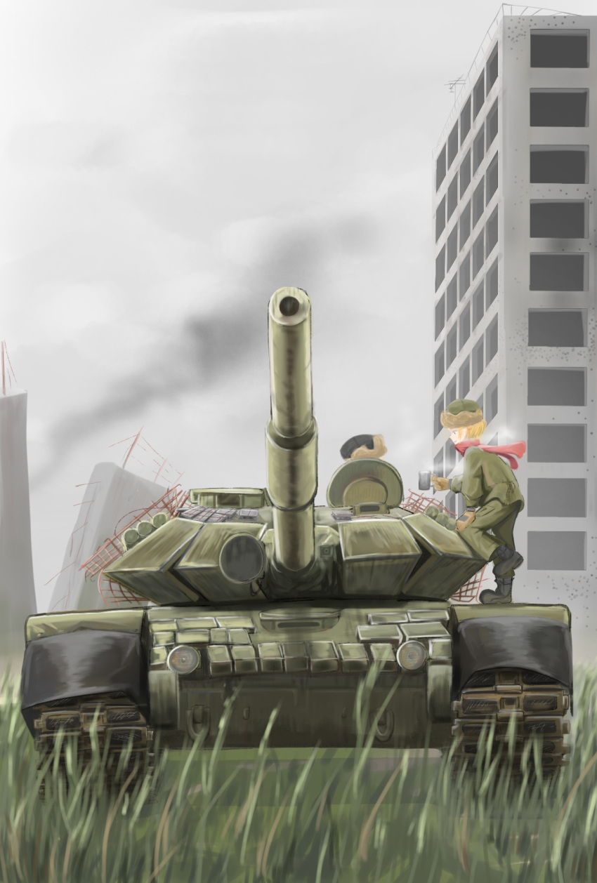 1girl artist_request blonde_hair blue_eyes building caterpillar_tracks cloud cloudy_sky commentary_request cup day fur_hat gloves grass ground_vehicle hat highres military military_vehicle motor_vehicle original ruins scarf short_hair sky smile smoke solo t-72 tank traditional_media ushanka