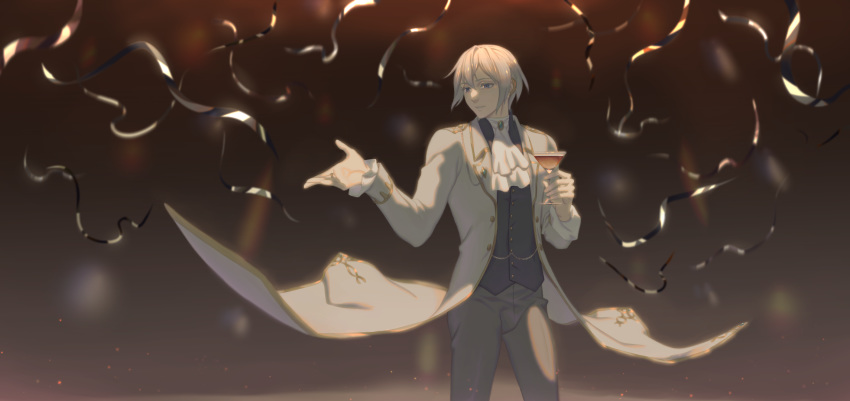 1boy blue_eyes blurry blurry_background coat cup gold_trim hair_between_eyes highres holding holding_cup jewelry male_focus parted_lips ring sdorica shiny shiny_hair smile solo white_coat white_hair zakodemo_kakitai