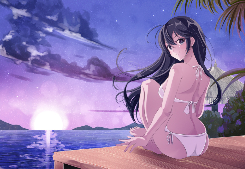 1girl bikini black_hair breasts evening from_behind grey_eyes long_hair looking_at_viewer looking_back medium_breasts ocean original outdoors pier side-tie_bikini sitting solo star_(sky) sunset swimsuit twilight white_bikini yumibakama_meme