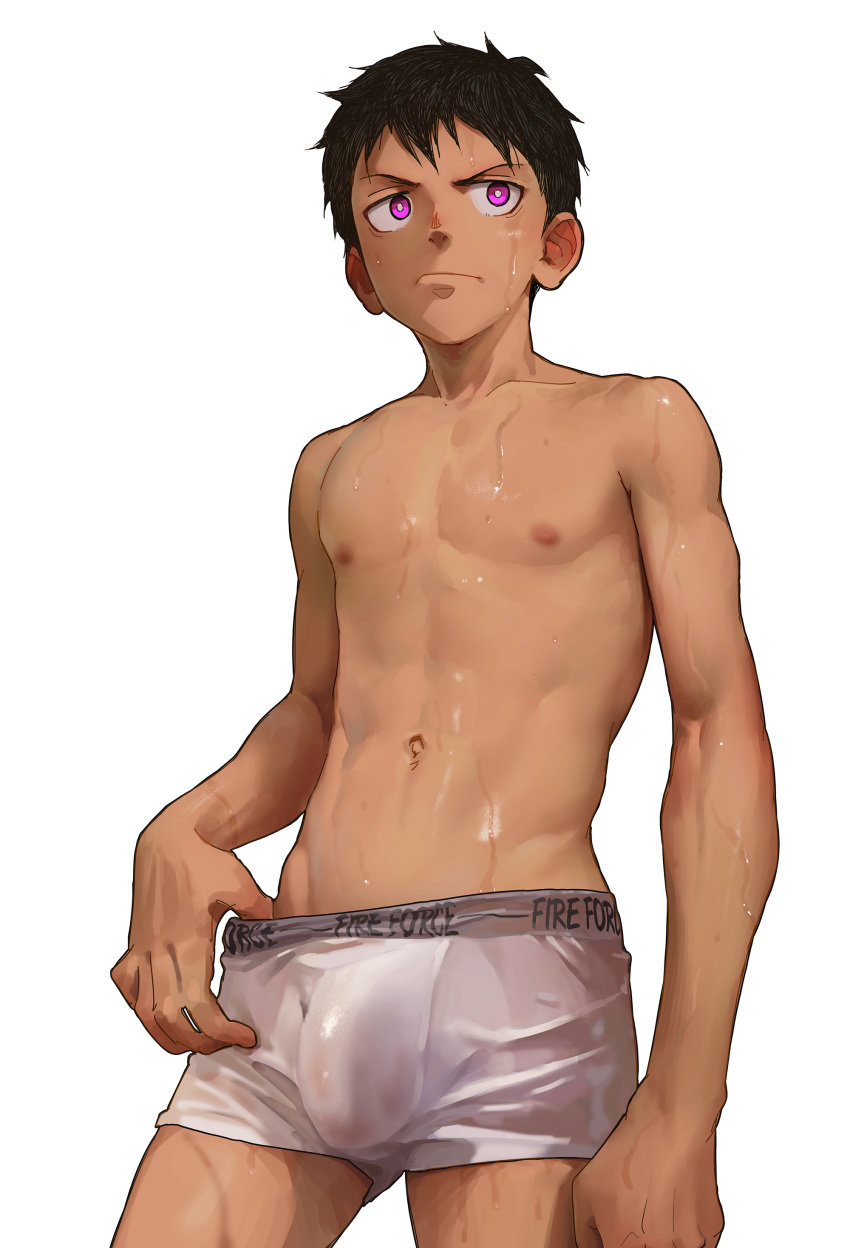 1boy abs absurdres beitemian black_hair boxer bulge chest collarbone cowboy_shot en'en_no_shouboutai glowing glowing_eyes highres looking_to_the_side male_focus muscle navel nipples pink_eyes see-through shinra_kusakabe short_hair solo underwear underwear_only wet white_background white_boxers