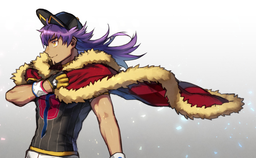 all_male cape dande_(pokemon) dark_skin gloves gradient hat long_hair male pokemon purple_hair wristwear yellow_eyes yukibi