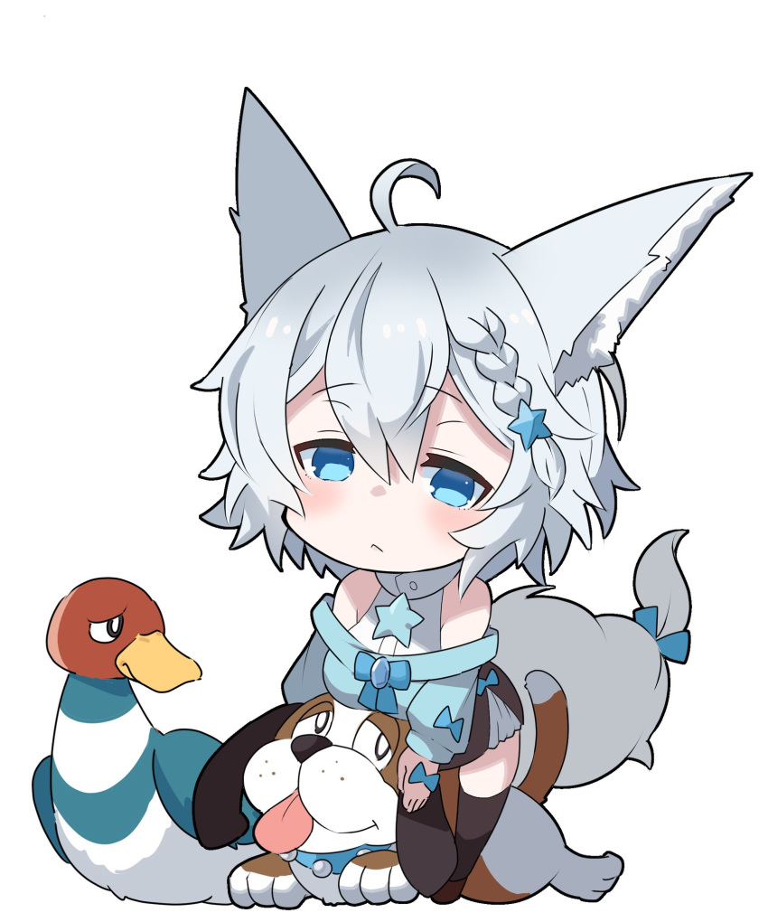 1girl :&lt; ahoge animal_ears bare_shoulders bird black_legwear blue_bow blue_eyes blush bow braid brown_footwear chibi closed_mouth dog dog_(duck_hunt) duck duck_(duck_hunt) duck_hunt fox_ears fox_tail grey_hair hair_ornament highres inukaze_yamu original sad shishimanako_hareko shoes short_hair side_braid simple_background solo star_(symbol) star_hair_ornament tail thighhighs white_background