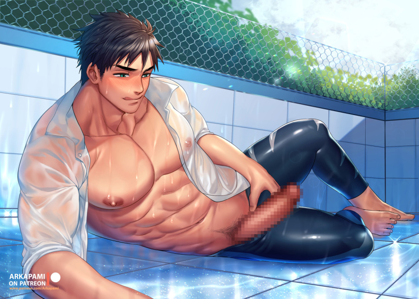 1boy abs arkapami bara bare_chest black_hair blue_eyes blush censored chest erection free! high_speed! legskin licking_lips male_focus male_masturbation male_swimwear masturbation mosaic_censoring muscle navel navel_hair nipples penis see-through shirt short_hair smile solo swimwear thick_thighs thighs tongue tongue_out wet white_shirt yamazaki_sousuke