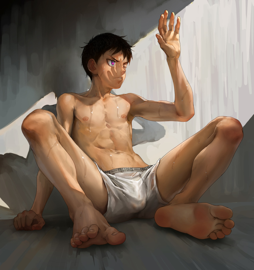 1boy abs beitemian black_hair boxers bulge chest collarbone en'en_no_shouboutai full_body highres leaning_back male_focus muscle navel nipples one_eye_closed pink_eyes shadow shinra_kusakabe short_hair sitting solo spread_legs sunlight underwear underwear_only wet white_boxers